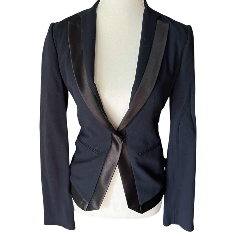 BCBGMaxAzria Navy Black Satin-Trim‎ Blazer Size XXS Business Casual Office